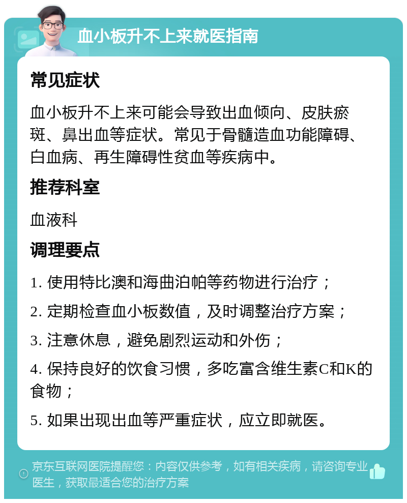 血小板升不上来就医指南 常见症状 血小板升不上来可能会导致出血倾向、皮肤瘀斑、鼻出血等症状。常见于骨髓造血功能障碍、白血病、再生障碍性贫血等疾病中。 推荐科室 血液科 调理要点 1. 使用特比澳和海曲泊帕等药物进行治疗； 2. 定期检查血小板数值，及时调整治疗方案； 3. 注意休息，避免剧烈运动和外伤； 4. 保持良好的饮食习惯，多吃富含维生素C和K的食物； 5. 如果出现出血等严重症状，应立即就医。