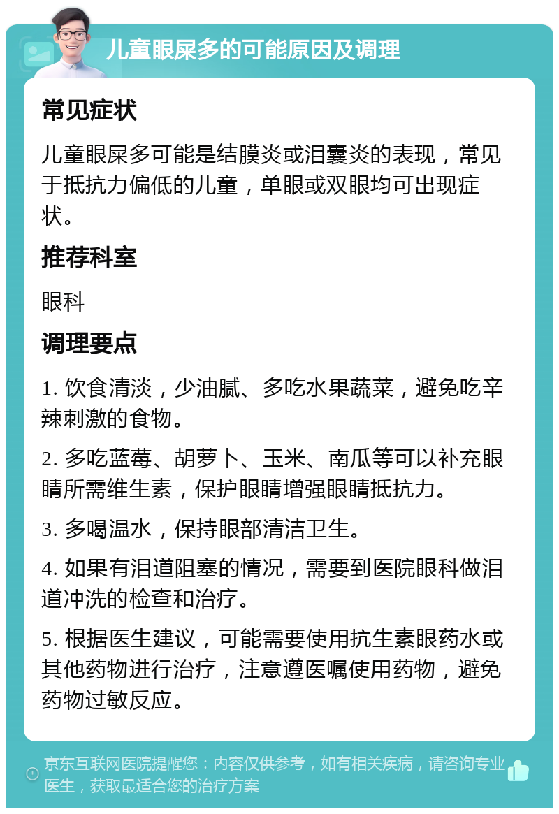 儿童眼屎多的可能原因及调理 常见症状 儿童眼屎多可能是结膜炎或泪囊炎的表现，常见于抵抗力偏低的儿童，单眼或双眼均可出现症状。 推荐科室 眼科 调理要点 1. 饮食清淡，少油腻、多吃水果蔬菜，避免吃辛辣刺激的食物。 2. 多吃蓝莓、胡萝卜、玉米、南瓜等可以补充眼睛所需维生素，保护眼睛增强眼睛抵抗力。 3. 多喝温水，保持眼部清洁卫生。 4. 如果有泪道阻塞的情况，需要到医院眼科做泪道冲洗的检查和治疗。 5. 根据医生建议，可能需要使用抗生素眼药水或其他药物进行治疗，注意遵医嘱使用药物，避免药物过敏反应。