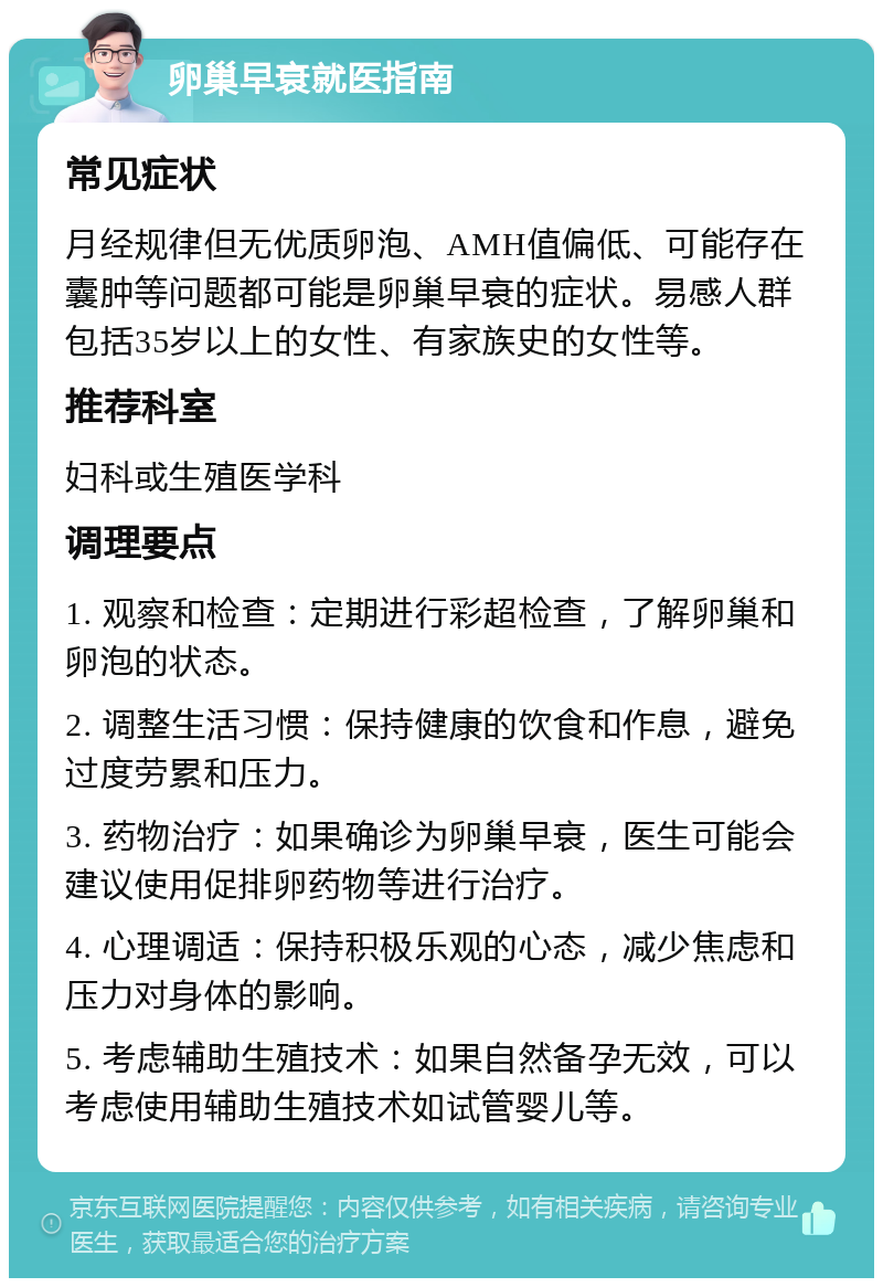 卵巢早衰就医指南 常见症状 月经规律但无优质卵泡、AMH值偏低、可能存在囊肿等问题都可能是卵巢早衰的症状。易感人群包括35岁以上的女性、有家族史的女性等。 推荐科室 妇科或生殖医学科 调理要点 1. 观察和检查：定期进行彩超检查，了解卵巢和卵泡的状态。 2. 调整生活习惯：保持健康的饮食和作息，避免过度劳累和压力。 3. 药物治疗：如果确诊为卵巢早衰，医生可能会建议使用促排卵药物等进行治疗。 4. 心理调适：保持积极乐观的心态，减少焦虑和压力对身体的影响。 5. 考虑辅助生殖技术：如果自然备孕无效，可以考虑使用辅助生殖技术如试管婴儿等。