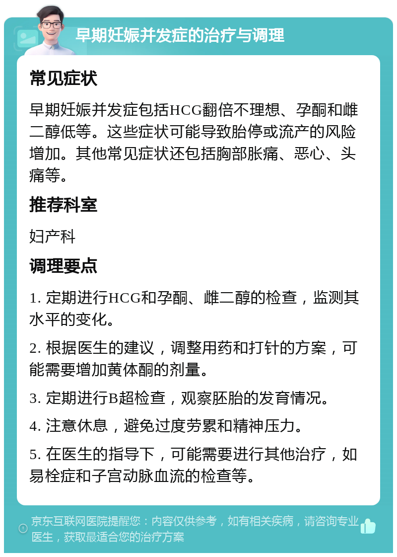 早期妊娠并发症的治疗与调理 常见症状 早期妊娠并发症包括HCG翻倍不理想、孕酮和雌二醇低等。这些症状可能导致胎停或流产的风险增加。其他常见症状还包括胸部胀痛、恶心、头痛等。 推荐科室 妇产科 调理要点 1. 定期进行HCG和孕酮、雌二醇的检查，监测其水平的变化。 2. 根据医生的建议，调整用药和打针的方案，可能需要增加黄体酮的剂量。 3. 定期进行B超检查，观察胚胎的发育情况。 4. 注意休息，避免过度劳累和精神压力。 5. 在医生的指导下，可能需要进行其他治疗，如易栓症和子宫动脉血流的检查等。