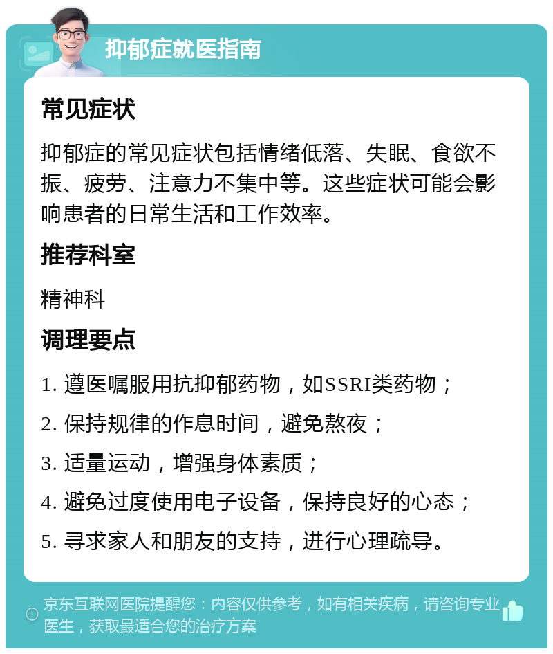 抑郁症就医指南 常见症状 抑郁症的常见症状包括情绪低落、失眠、食欲不振、疲劳、注意力不集中等。这些症状可能会影响患者的日常生活和工作效率。 推荐科室 精神科 调理要点 1. 遵医嘱服用抗抑郁药物，如SSRI类药物； 2. 保持规律的作息时间，避免熬夜； 3. 适量运动，增强身体素质； 4. 避免过度使用电子设备，保持良好的心态； 5. 寻求家人和朋友的支持，进行心理疏导。