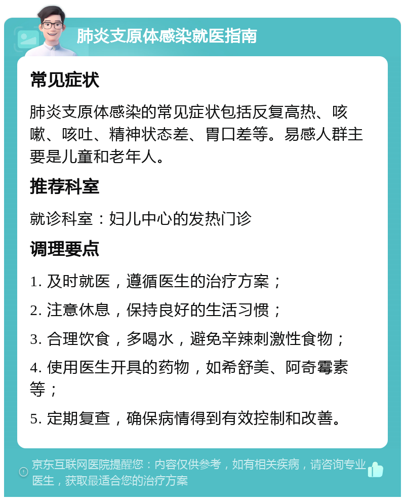 肺炎支原体感染就医指南 常见症状 肺炎支原体感染的常见症状包括反复高热、咳嗽、咳吐、精神状态差、胃口差等。易感人群主要是儿童和老年人。 推荐科室 就诊科室：妇儿中心的发热门诊 调理要点 1. 及时就医，遵循医生的治疗方案； 2. 注意休息，保持良好的生活习惯； 3. 合理饮食，多喝水，避免辛辣刺激性食物； 4. 使用医生开具的药物，如希舒美、阿奇霉素等； 5. 定期复查，确保病情得到有效控制和改善。