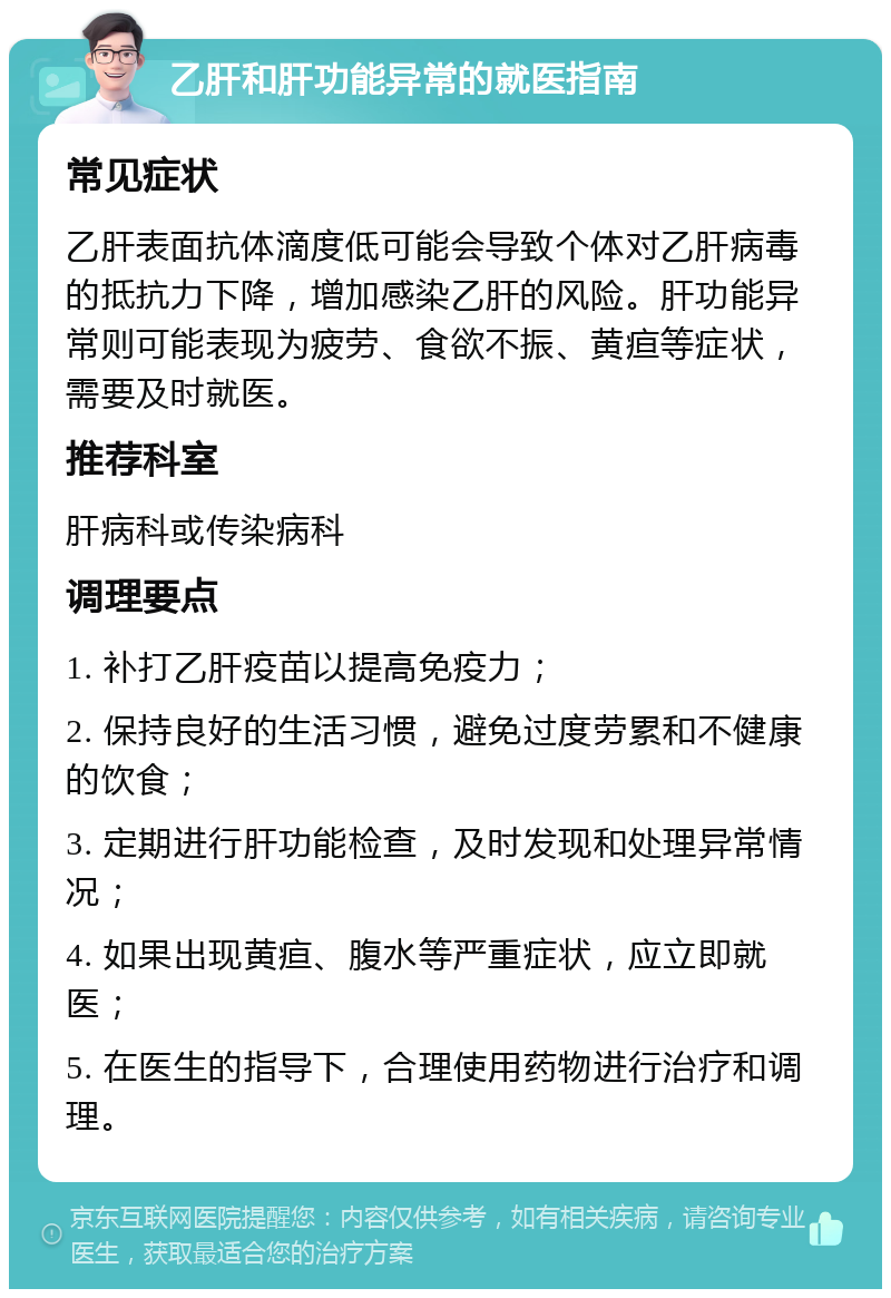 乙肝和肝功能异常的就医指南 常见症状 乙肝表面抗体滴度低可能会导致个体对乙肝病毒的抵抗力下降，增加感染乙肝的风险。肝功能异常则可能表现为疲劳、食欲不振、黄疸等症状，需要及时就医。 推荐科室 肝病科或传染病科 调理要点 1. 补打乙肝疫苗以提高免疫力； 2. 保持良好的生活习惯，避免过度劳累和不健康的饮食； 3. 定期进行肝功能检查，及时发现和处理异常情况； 4. 如果出现黄疸、腹水等严重症状，应立即就医； 5. 在医生的指导下，合理使用药物进行治疗和调理。