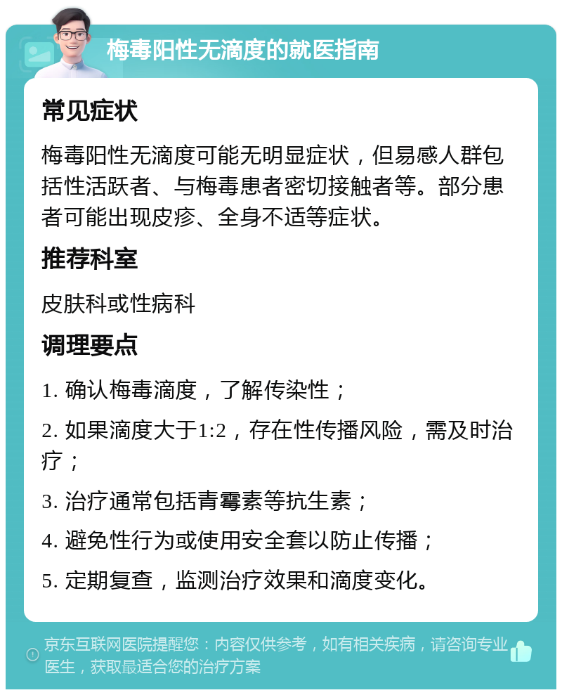 梅毒阳性无滴度的就医指南 常见症状 梅毒阳性无滴度可能无明显症状，但易感人群包括性活跃者、与梅毒患者密切接触者等。部分患者可能出现皮疹、全身不适等症状。 推荐科室 皮肤科或性病科 调理要点 1. 确认梅毒滴度，了解传染性； 2. 如果滴度大于1:2，存在性传播风险，需及时治疗； 3. 治疗通常包括青霉素等抗生素； 4. 避免性行为或使用安全套以防止传播； 5. 定期复查，监测治疗效果和滴度变化。