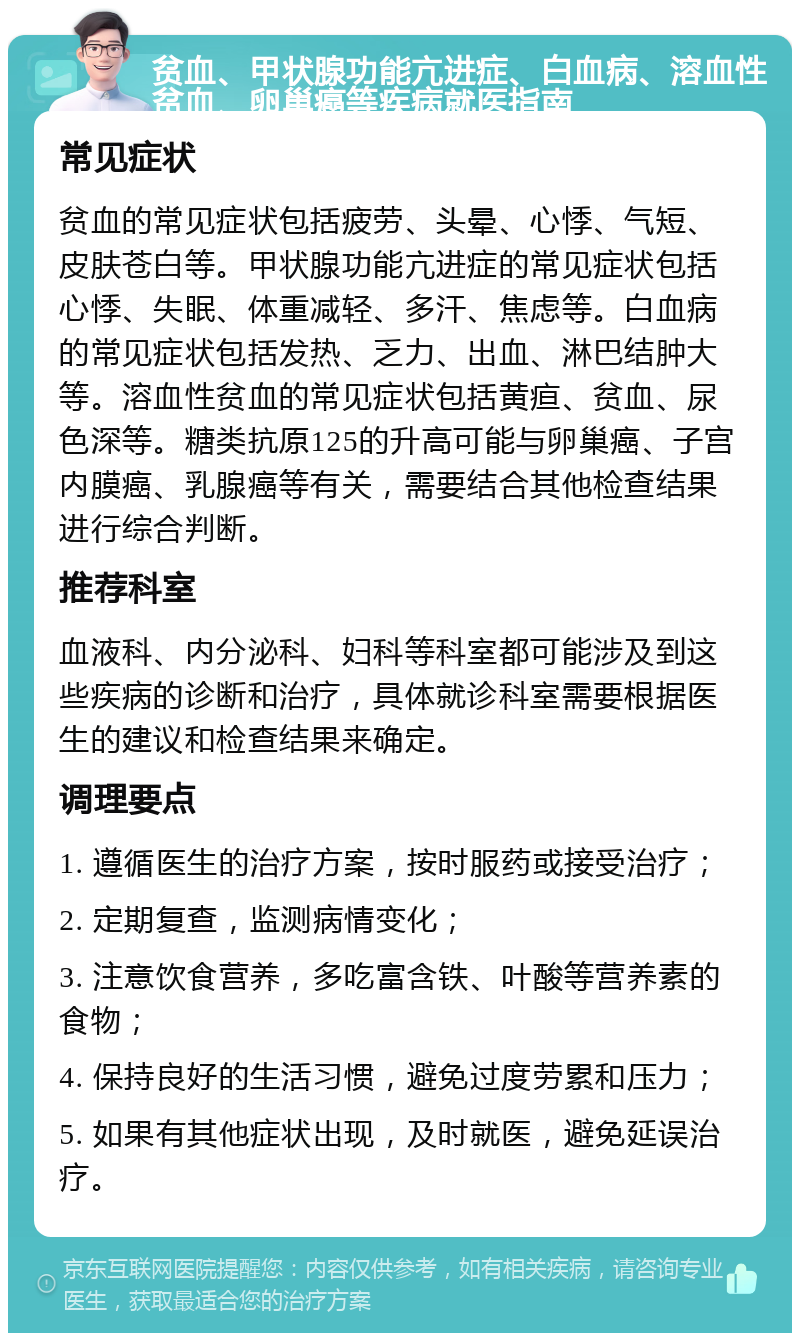 贫血、甲状腺功能亢进症、白血病、溶血性贫血、卵巢癌等疾病就医指南 常见症状 贫血的常见症状包括疲劳、头晕、心悸、气短、皮肤苍白等。甲状腺功能亢进症的常见症状包括心悸、失眠、体重减轻、多汗、焦虑等。白血病的常见症状包括发热、乏力、出血、淋巴结肿大等。溶血性贫血的常见症状包括黄疸、贫血、尿色深等。糖类抗原125的升高可能与卵巢癌、子宫内膜癌、乳腺癌等有关，需要结合其他检查结果进行综合判断。 推荐科室 血液科、内分泌科、妇科等科室都可能涉及到这些疾病的诊断和治疗，具体就诊科室需要根据医生的建议和检查结果来确定。 调理要点 1. 遵循医生的治疗方案，按时服药或接受治疗； 2. 定期复查，监测病情变化； 3. 注意饮食营养，多吃富含铁、叶酸等营养素的食物； 4. 保持良好的生活习惯，避免过度劳累和压力； 5. 如果有其他症状出现，及时就医，避免延误治疗。