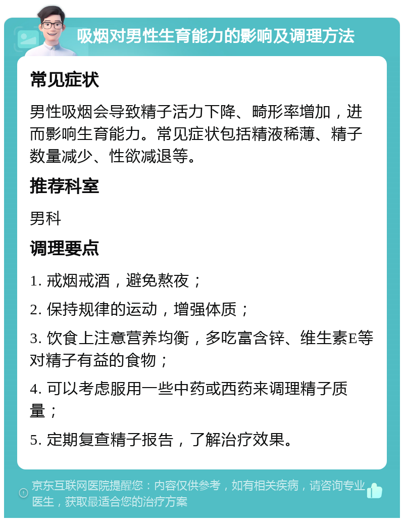 吸烟对男性生育能力的影响及调理方法 常见症状 男性吸烟会导致精子活力下降、畸形率增加，进而影响生育能力。常见症状包括精液稀薄、精子数量减少、性欲减退等。 推荐科室 男科 调理要点 1. 戒烟戒酒，避免熬夜； 2. 保持规律的运动，增强体质； 3. 饮食上注意营养均衡，多吃富含锌、维生素E等对精子有益的食物； 4. 可以考虑服用一些中药或西药来调理精子质量； 5. 定期复查精子报告，了解治疗效果。