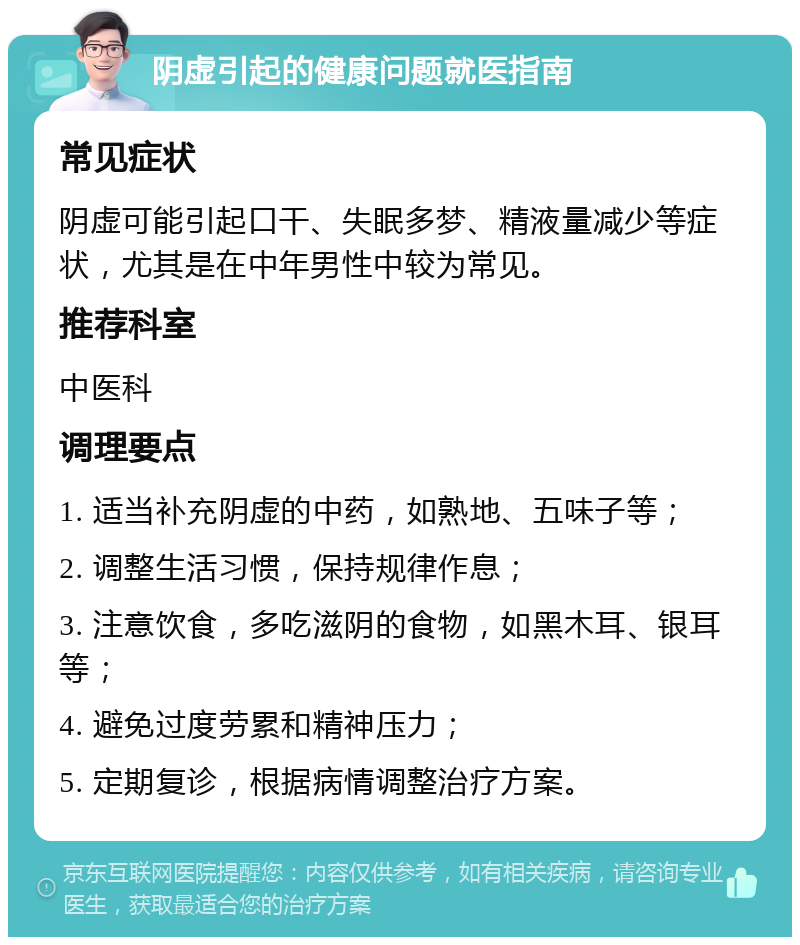 阴虚引起的健康问题就医指南 常见症状 阴虚可能引起口干、失眠多梦、精液量减少等症状，尤其是在中年男性中较为常见。 推荐科室 中医科 调理要点 1. 适当补充阴虚的中药，如熟地、五味子等； 2. 调整生活习惯，保持规律作息； 3. 注意饮食，多吃滋阴的食物，如黑木耳、银耳等； 4. 避免过度劳累和精神压力； 5. 定期复诊，根据病情调整治疗方案。