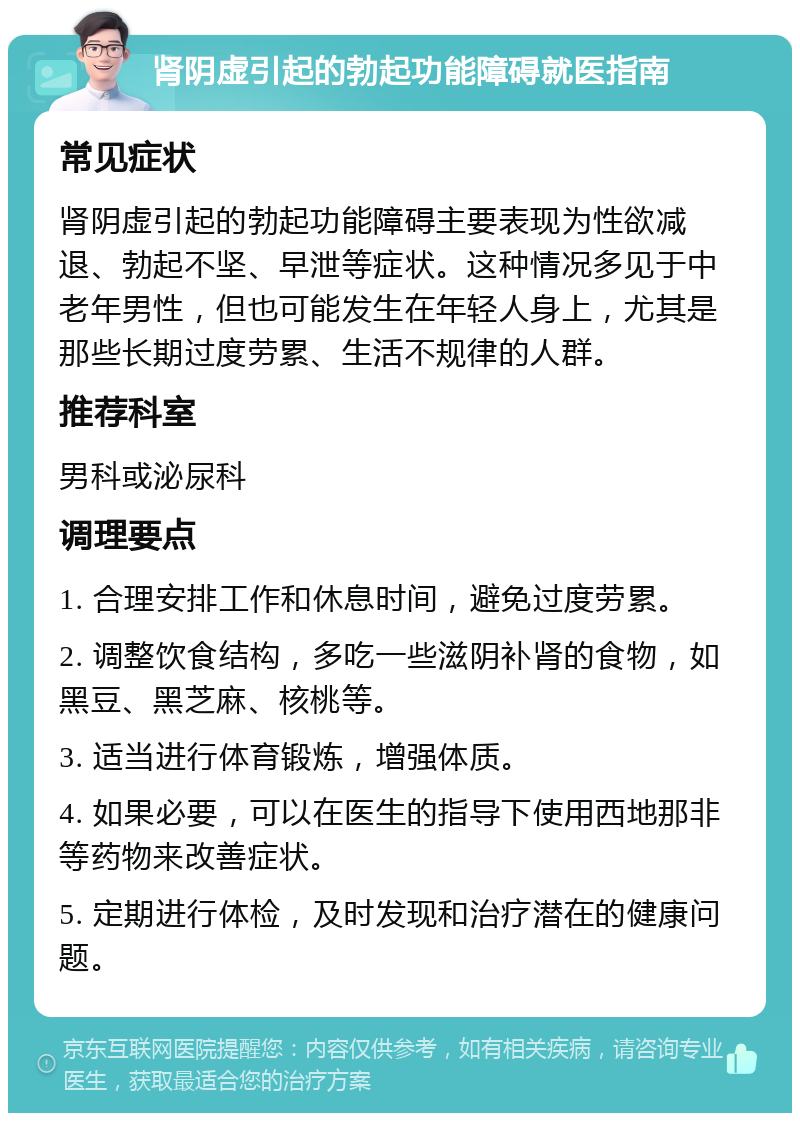 肾阴虚引起的勃起功能障碍就医指南 常见症状 肾阴虚引起的勃起功能障碍主要表现为性欲减退、勃起不坚、早泄等症状。这种情况多见于中老年男性，但也可能发生在年轻人身上，尤其是那些长期过度劳累、生活不规律的人群。 推荐科室 男科或泌尿科 调理要点 1. 合理安排工作和休息时间，避免过度劳累。 2. 调整饮食结构，多吃一些滋阴补肾的食物，如黑豆、黑芝麻、核桃等。 3. 适当进行体育锻炼，增强体质。 4. 如果必要，可以在医生的指导下使用西地那非等药物来改善症状。 5. 定期进行体检，及时发现和治疗潜在的健康问题。