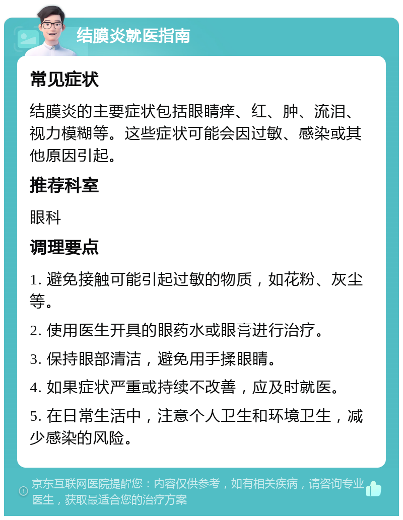 结膜炎就医指南 常见症状 结膜炎的主要症状包括眼睛痒、红、肿、流泪、视力模糊等。这些症状可能会因过敏、感染或其他原因引起。 推荐科室 眼科 调理要点 1. 避免接触可能引起过敏的物质，如花粉、灰尘等。 2. 使用医生开具的眼药水或眼膏进行治疗。 3. 保持眼部清洁，避免用手揉眼睛。 4. 如果症状严重或持续不改善，应及时就医。 5. 在日常生活中，注意个人卫生和环境卫生，减少感染的风险。