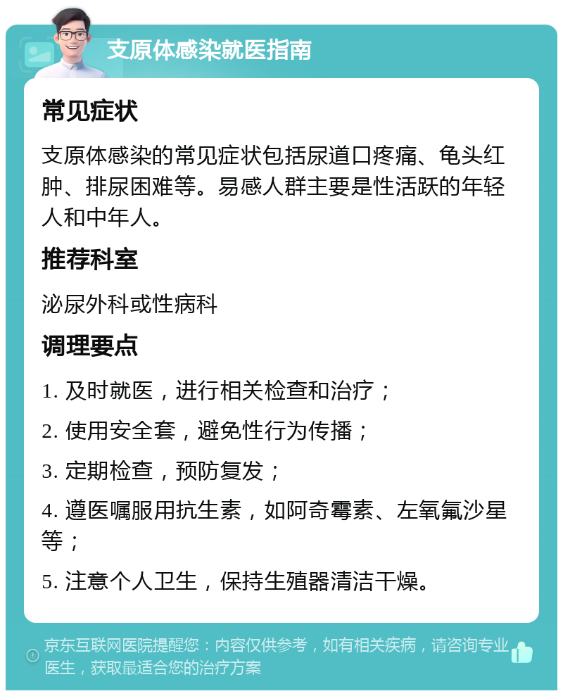 支原体感染就医指南 常见症状 支原体感染的常见症状包括尿道口疼痛、龟头红肿、排尿困难等。易感人群主要是性活跃的年轻人和中年人。 推荐科室 泌尿外科或性病科 调理要点 1. 及时就医，进行相关检查和治疗； 2. 使用安全套，避免性行为传播； 3. 定期检查，预防复发； 4. 遵医嘱服用抗生素，如阿奇霉素、左氧氟沙星等； 5. 注意个人卫生，保持生殖器清洁干燥。