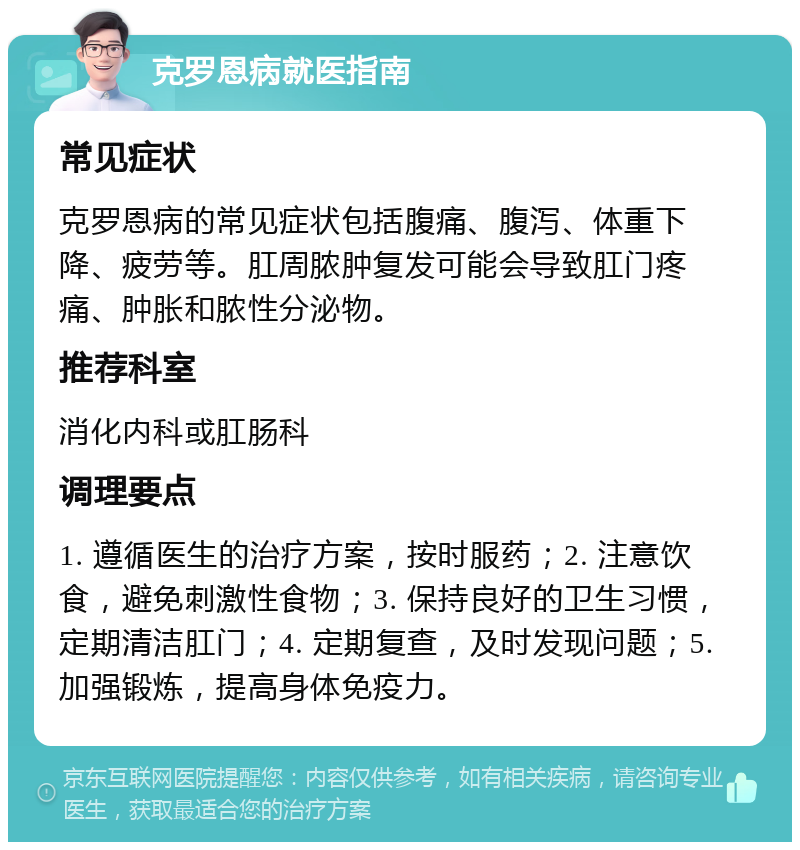 克罗恩病就医指南 常见症状 克罗恩病的常见症状包括腹痛、腹泻、体重下降、疲劳等。肛周脓肿复发可能会导致肛门疼痛、肿胀和脓性分泌物。 推荐科室 消化内科或肛肠科 调理要点 1. 遵循医生的治疗方案，按时服药；2. 注意饮食，避免刺激性食物；3. 保持良好的卫生习惯，定期清洁肛门；4. 定期复查，及时发现问题；5. 加强锻炼，提高身体免疫力。