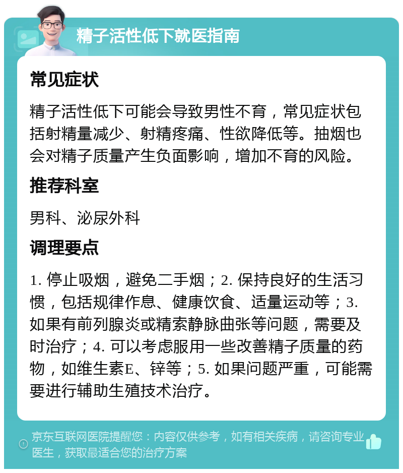 精子活性低下就医指南 常见症状 精子活性低下可能会导致男性不育，常见症状包括射精量减少、射精疼痛、性欲降低等。抽烟也会对精子质量产生负面影响，增加不育的风险。 推荐科室 男科、泌尿外科 调理要点 1. 停止吸烟，避免二手烟；2. 保持良好的生活习惯，包括规律作息、健康饮食、适量运动等；3. 如果有前列腺炎或精索静脉曲张等问题，需要及时治疗；4. 可以考虑服用一些改善精子质量的药物，如维生素E、锌等；5. 如果问题严重，可能需要进行辅助生殖技术治疗。