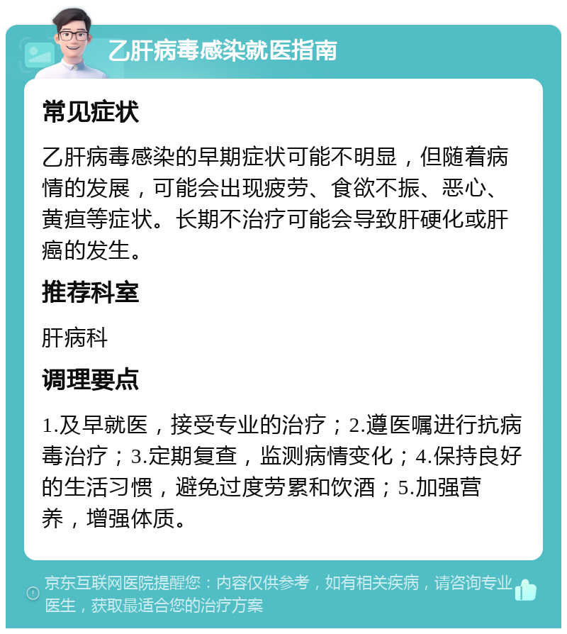 乙肝病毒感染就医指南 常见症状 乙肝病毒感染的早期症状可能不明显，但随着病情的发展，可能会出现疲劳、食欲不振、恶心、黄疸等症状。长期不治疗可能会导致肝硬化或肝癌的发生。 推荐科室 肝病科 调理要点 1.及早就医，接受专业的治疗；2.遵医嘱进行抗病毒治疗；3.定期复查，监测病情变化；4.保持良好的生活习惯，避免过度劳累和饮酒；5.加强营养，增强体质。