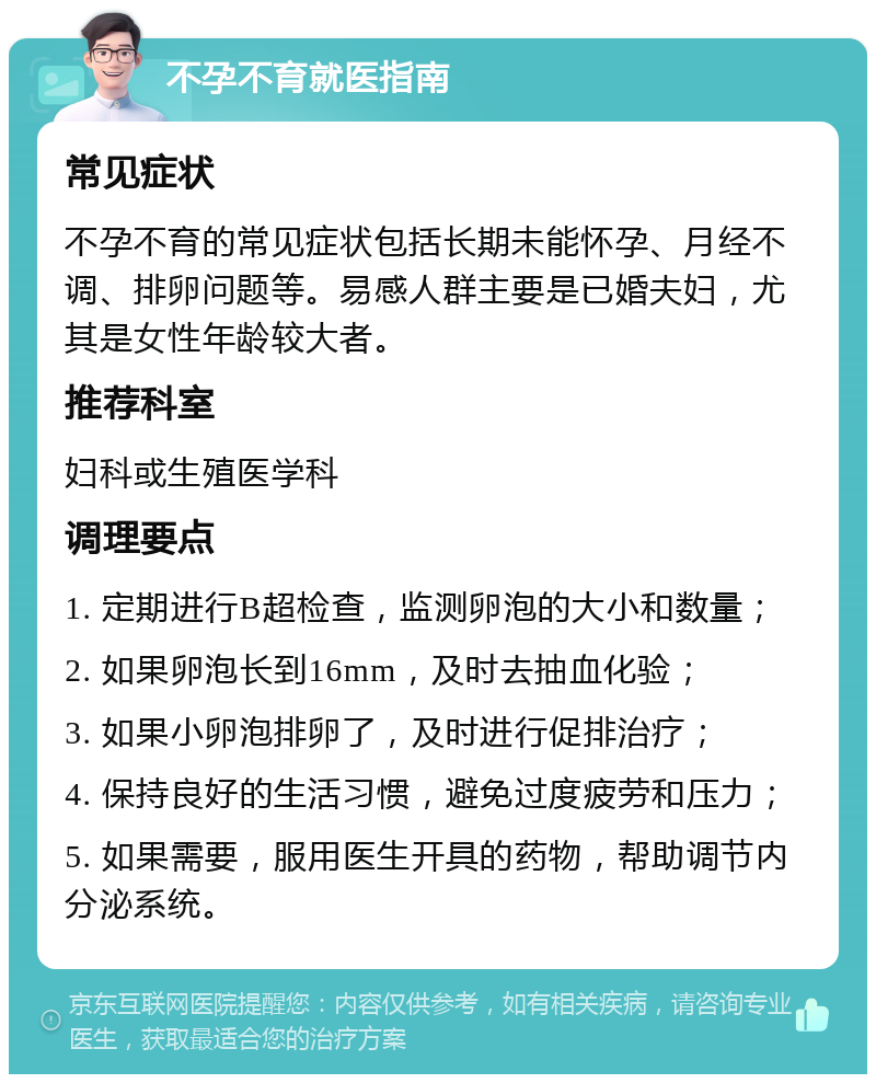 不孕不育就医指南 常见症状 不孕不育的常见症状包括长期未能怀孕、月经不调、排卵问题等。易感人群主要是已婚夫妇，尤其是女性年龄较大者。 推荐科室 妇科或生殖医学科 调理要点 1. 定期进行B超检查，监测卵泡的大小和数量； 2. 如果卵泡长到16mm，及时去抽血化验； 3. 如果小卵泡排卵了，及时进行促排治疗； 4. 保持良好的生活习惯，避免过度疲劳和压力； 5. 如果需要，服用医生开具的药物，帮助调节内分泌系统。