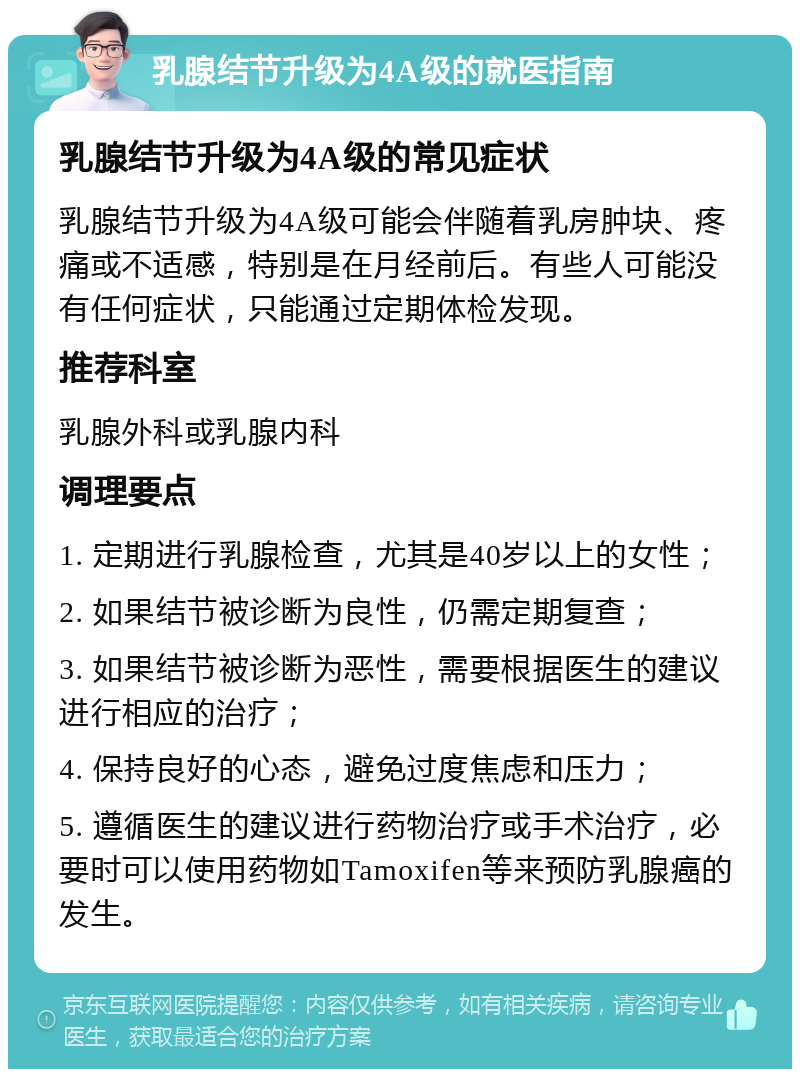 乳腺结节升级为4A级的就医指南 乳腺结节升级为4A级的常见症状 乳腺结节升级为4A级可能会伴随着乳房肿块、疼痛或不适感，特别是在月经前后。有些人可能没有任何症状，只能通过定期体检发现。 推荐科室 乳腺外科或乳腺内科 调理要点 1. 定期进行乳腺检查，尤其是40岁以上的女性； 2. 如果结节被诊断为良性，仍需定期复查； 3. 如果结节被诊断为恶性，需要根据医生的建议进行相应的治疗； 4. 保持良好的心态，避免过度焦虑和压力； 5. 遵循医生的建议进行药物治疗或手术治疗，必要时可以使用药物如Tamoxifen等来预防乳腺癌的发生。