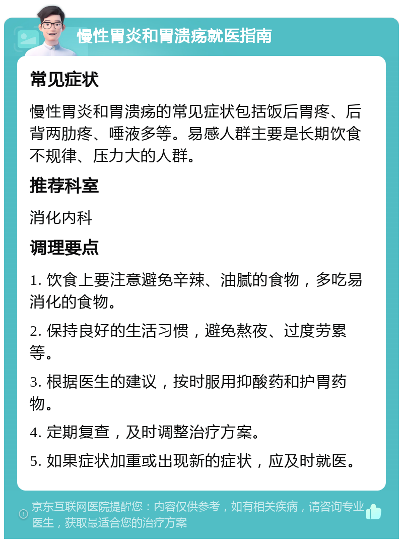 慢性胃炎和胃溃疡就医指南 常见症状 慢性胃炎和胃溃疡的常见症状包括饭后胃疼、后背两肋疼、唾液多等。易感人群主要是长期饮食不规律、压力大的人群。 推荐科室 消化内科 调理要点 1. 饮食上要注意避免辛辣、油腻的食物，多吃易消化的食物。 2. 保持良好的生活习惯，避免熬夜、过度劳累等。 3. 根据医生的建议，按时服用抑酸药和护胃药物。 4. 定期复查，及时调整治疗方案。 5. 如果症状加重或出现新的症状，应及时就医。