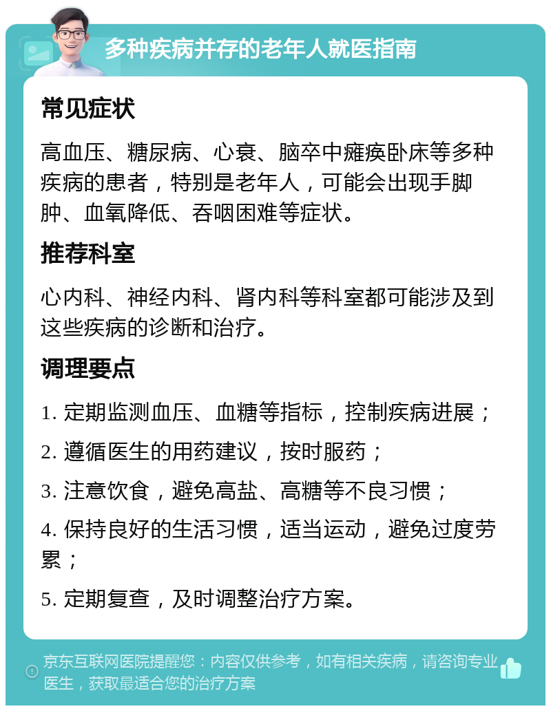 多种疾病并存的老年人就医指南 常见症状 高血压、糖尿病、心衰、脑卒中瘫痪卧床等多种疾病的患者，特别是老年人，可能会出现手脚肿、血氧降低、吞咽困难等症状。 推荐科室 心内科、神经内科、肾内科等科室都可能涉及到这些疾病的诊断和治疗。 调理要点 1. 定期监测血压、血糖等指标，控制疾病进展； 2. 遵循医生的用药建议，按时服药； 3. 注意饮食，避免高盐、高糖等不良习惯； 4. 保持良好的生活习惯，适当运动，避免过度劳累； 5. 定期复查，及时调整治疗方案。