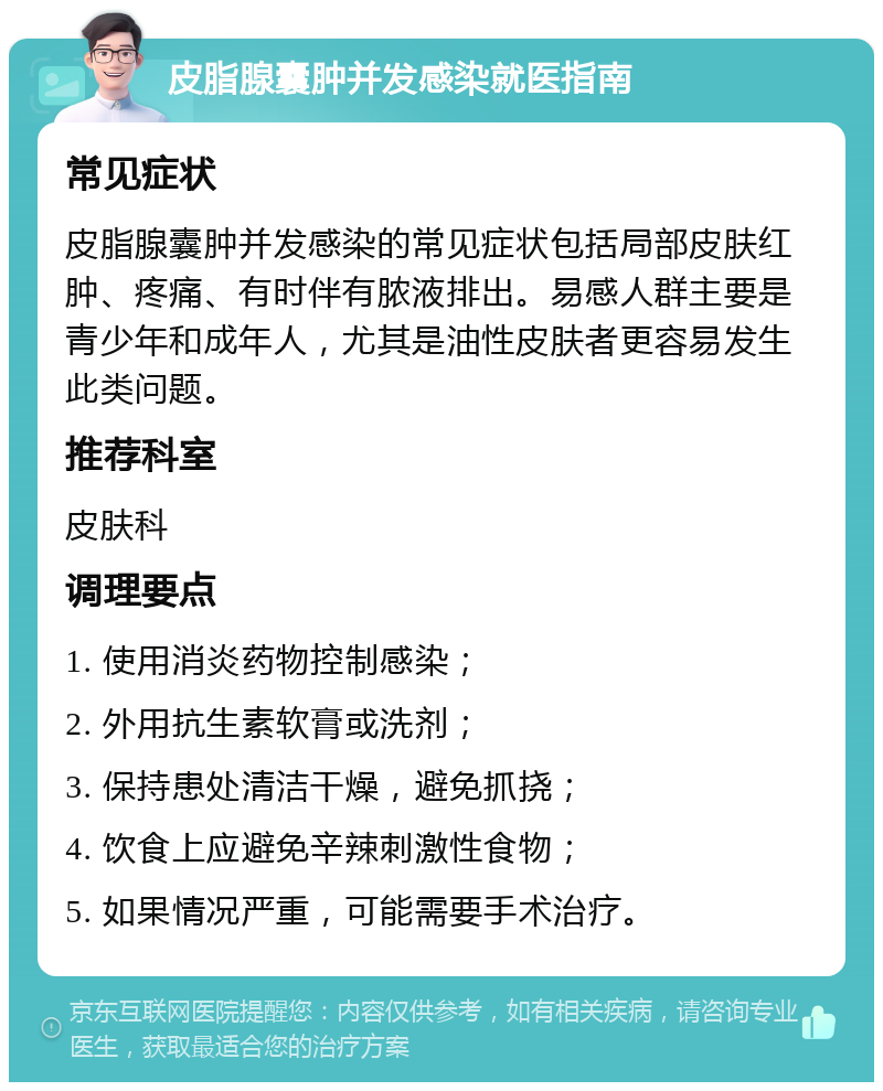 皮脂腺囊肿并发感染就医指南 常见症状 皮脂腺囊肿并发感染的常见症状包括局部皮肤红肿、疼痛、有时伴有脓液排出。易感人群主要是青少年和成年人，尤其是油性皮肤者更容易发生此类问题。 推荐科室 皮肤科 调理要点 1. 使用消炎药物控制感染； 2. 外用抗生素软膏或洗剂； 3. 保持患处清洁干燥，避免抓挠； 4. 饮食上应避免辛辣刺激性食物； 5. 如果情况严重，可能需要手术治疗。