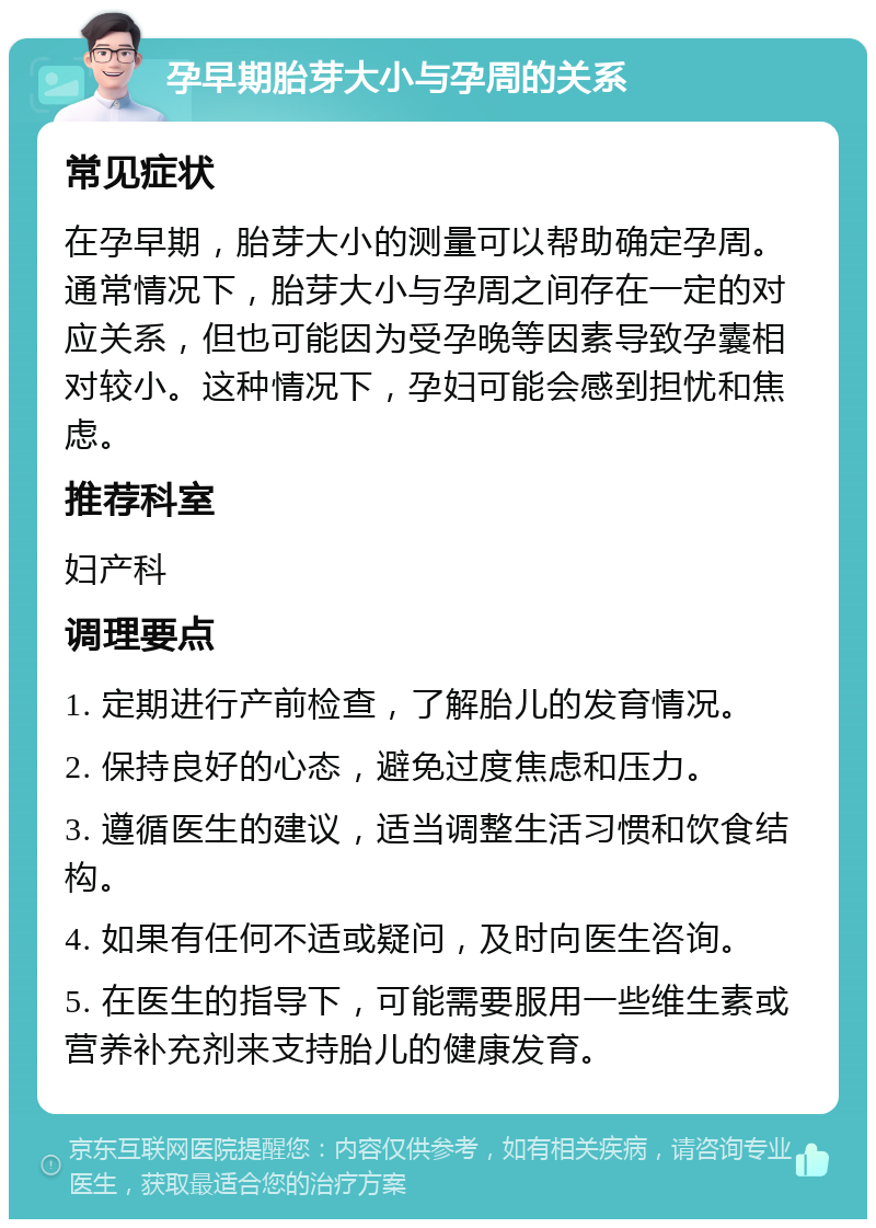 孕早期胎芽大小与孕周的关系 常见症状 在孕早期，胎芽大小的测量可以帮助确定孕周。通常情况下，胎芽大小与孕周之间存在一定的对应关系，但也可能因为受孕晚等因素导致孕囊相对较小。这种情况下，孕妇可能会感到担忧和焦虑。 推荐科室 妇产科 调理要点 1. 定期进行产前检查，了解胎儿的发育情况。 2. 保持良好的心态，避免过度焦虑和压力。 3. 遵循医生的建议，适当调整生活习惯和饮食结构。 4. 如果有任何不适或疑问，及时向医生咨询。 5. 在医生的指导下，可能需要服用一些维生素或营养补充剂来支持胎儿的健康发育。