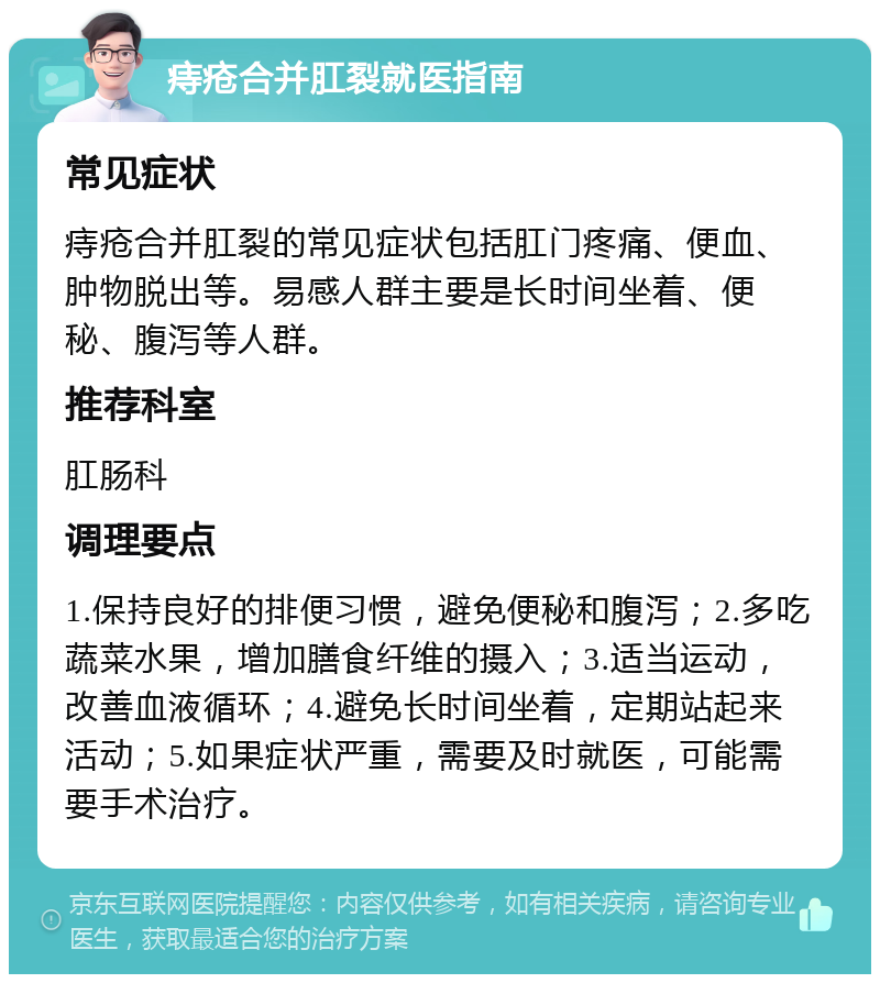 痔疮合并肛裂就医指南 常见症状 痔疮合并肛裂的常见症状包括肛门疼痛、便血、肿物脱出等。易感人群主要是长时间坐着、便秘、腹泻等人群。 推荐科室 肛肠科 调理要点 1.保持良好的排便习惯，避免便秘和腹泻；2.多吃蔬菜水果，增加膳食纤维的摄入；3.适当运动，改善血液循环；4.避免长时间坐着，定期站起来活动；5.如果症状严重，需要及时就医，可能需要手术治疗。