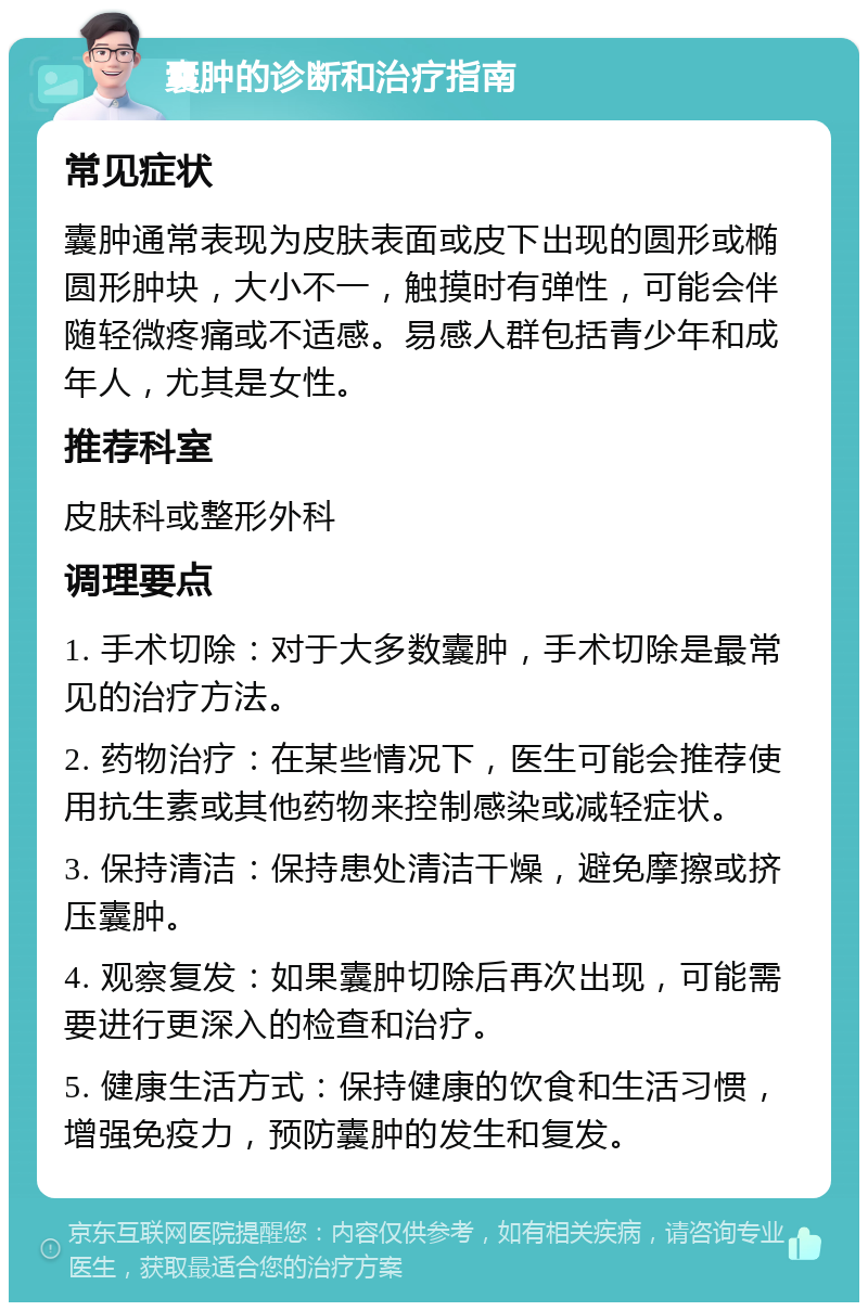 囊肿的诊断和治疗指南 常见症状 囊肿通常表现为皮肤表面或皮下出现的圆形或椭圆形肿块，大小不一，触摸时有弹性，可能会伴随轻微疼痛或不适感。易感人群包括青少年和成年人，尤其是女性。 推荐科室 皮肤科或整形外科 调理要点 1. 手术切除：对于大多数囊肿，手术切除是最常见的治疗方法。 2. 药物治疗：在某些情况下，医生可能会推荐使用抗生素或其他药物来控制感染或减轻症状。 3. 保持清洁：保持患处清洁干燥，避免摩擦或挤压囊肿。 4. 观察复发：如果囊肿切除后再次出现，可能需要进行更深入的检查和治疗。 5. 健康生活方式：保持健康的饮食和生活习惯，增强免疫力，预防囊肿的发生和复发。