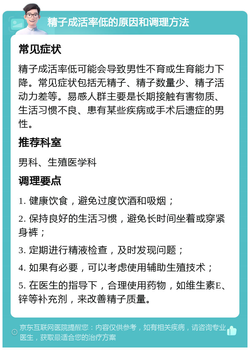 精子成活率低的原因和调理方法 常见症状 精子成活率低可能会导致男性不育或生育能力下降。常见症状包括无精子、精子数量少、精子活动力差等。易感人群主要是长期接触有害物质、生活习惯不良、患有某些疾病或手术后遗症的男性。 推荐科室 男科、生殖医学科 调理要点 1. 健康饮食，避免过度饮酒和吸烟； 2. 保持良好的生活习惯，避免长时间坐着或穿紧身裤； 3. 定期进行精液检查，及时发现问题； 4. 如果有必要，可以考虑使用辅助生殖技术； 5. 在医生的指导下，合理使用药物，如维生素E、锌等补充剂，来改善精子质量。