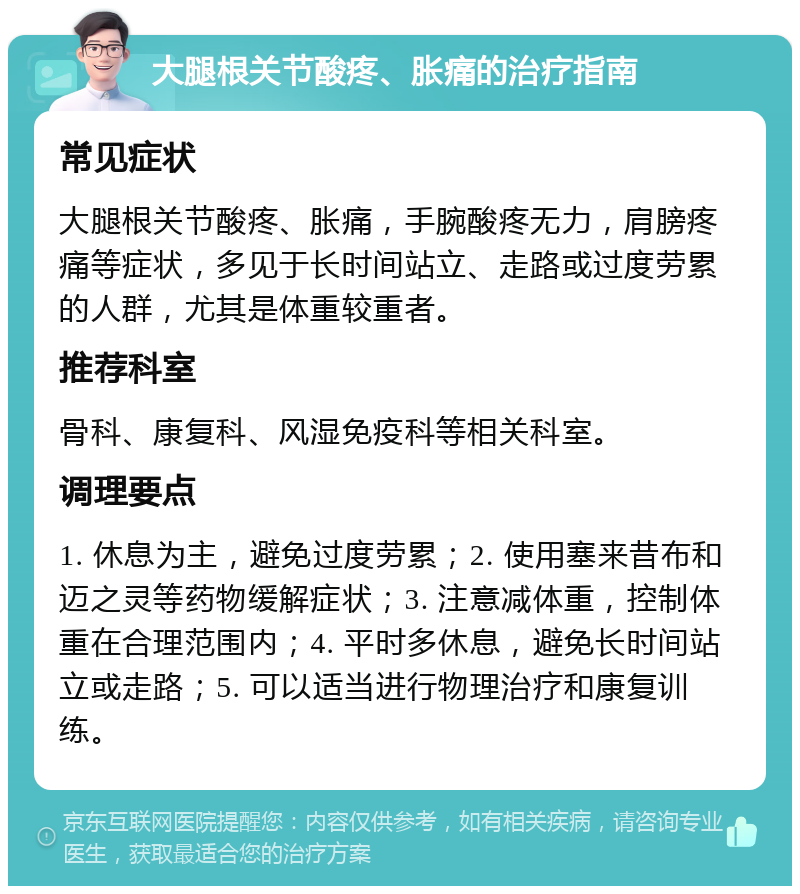 大腿根关节酸疼、胀痛的治疗指南 常见症状 大腿根关节酸疼、胀痛，手腕酸疼无力，肩膀疼痛等症状，多见于长时间站立、走路或过度劳累的人群，尤其是体重较重者。 推荐科室 骨科、康复科、风湿免疫科等相关科室。 调理要点 1. 休息为主，避免过度劳累；2. 使用塞来昔布和迈之灵等药物缓解症状；3. 注意减体重，控制体重在合理范围内；4. 平时多休息，避免长时间站立或走路；5. 可以适当进行物理治疗和康复训练。