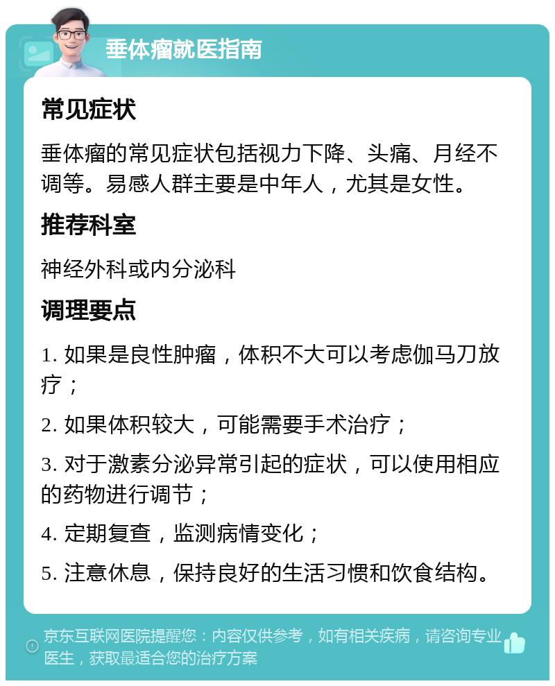 垂体瘤就医指南 常见症状 垂体瘤的常见症状包括视力下降、头痛、月经不调等。易感人群主要是中年人，尤其是女性。 推荐科室 神经外科或内分泌科 调理要点 1. 如果是良性肿瘤，体积不大可以考虑伽马刀放疗； 2. 如果体积较大，可能需要手术治疗； 3. 对于激素分泌异常引起的症状，可以使用相应的药物进行调节； 4. 定期复查，监测病情变化； 5. 注意休息，保持良好的生活习惯和饮食结构。