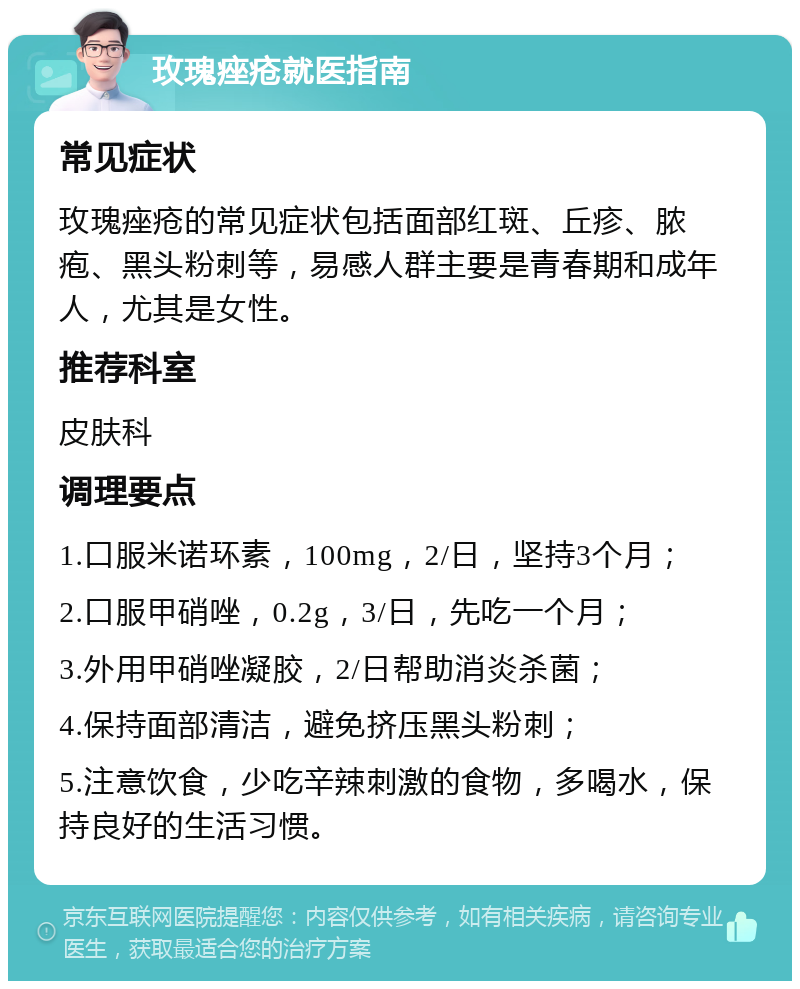 玫瑰痤疮就医指南 常见症状 玫瑰痤疮的常见症状包括面部红斑、丘疹、脓疱、黑头粉刺等，易感人群主要是青春期和成年人，尤其是女性。 推荐科室 皮肤科 调理要点 1.口服米诺环素，100mg，2/日，坚持3个月； 2.口服甲硝唑，0.2g，3/日，先吃一个月； 3.外用甲硝唑凝胶，2/日帮助消炎杀菌； 4.保持面部清洁，避免挤压黑头粉刺； 5.注意饮食，少吃辛辣刺激的食物，多喝水，保持良好的生活习惯。