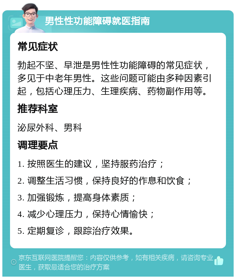 男性性功能障碍就医指南 常见症状 勃起不坚、早泄是男性性功能障碍的常见症状，多见于中老年男性。这些问题可能由多种因素引起，包括心理压力、生理疾病、药物副作用等。 推荐科室 泌尿外科、男科 调理要点 1. 按照医生的建议，坚持服药治疗； 2. 调整生活习惯，保持良好的作息和饮食； 3. 加强锻炼，提高身体素质； 4. 减少心理压力，保持心情愉快； 5. 定期复诊，跟踪治疗效果。