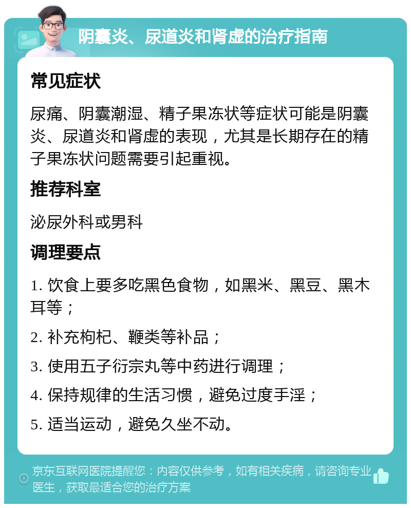 阴囊炎、尿道炎和肾虚的治疗指南 常见症状 尿痛、阴囊潮湿、精子果冻状等症状可能是阴囊炎、尿道炎和肾虚的表现，尤其是长期存在的精子果冻状问题需要引起重视。 推荐科室 泌尿外科或男科 调理要点 1. 饮食上要多吃黑色食物，如黑米、黑豆、黑木耳等； 2. 补充枸杞、鞭类等补品； 3. 使用五子衍宗丸等中药进行调理； 4. 保持规律的生活习惯，避免过度手淫； 5. 适当运动，避免久坐不动。