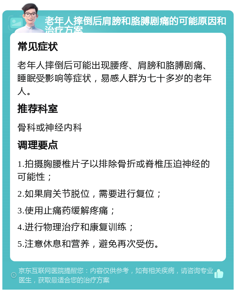 老年人摔倒后肩膀和胳膊剧痛的可能原因和治疗方案 常见症状 老年人摔倒后可能出现腰疼、肩膀和胳膊剧痛、睡眠受影响等症状，易感人群为七十多岁的老年人。 推荐科室 骨科或神经内科 调理要点 1.拍摄胸腰椎片子以排除骨折或脊椎压迫神经的可能性； 2.如果肩关节脱位，需要进行复位； 3.使用止痛药缓解疼痛； 4.进行物理治疗和康复训练； 5.注意休息和营养，避免再次受伤。