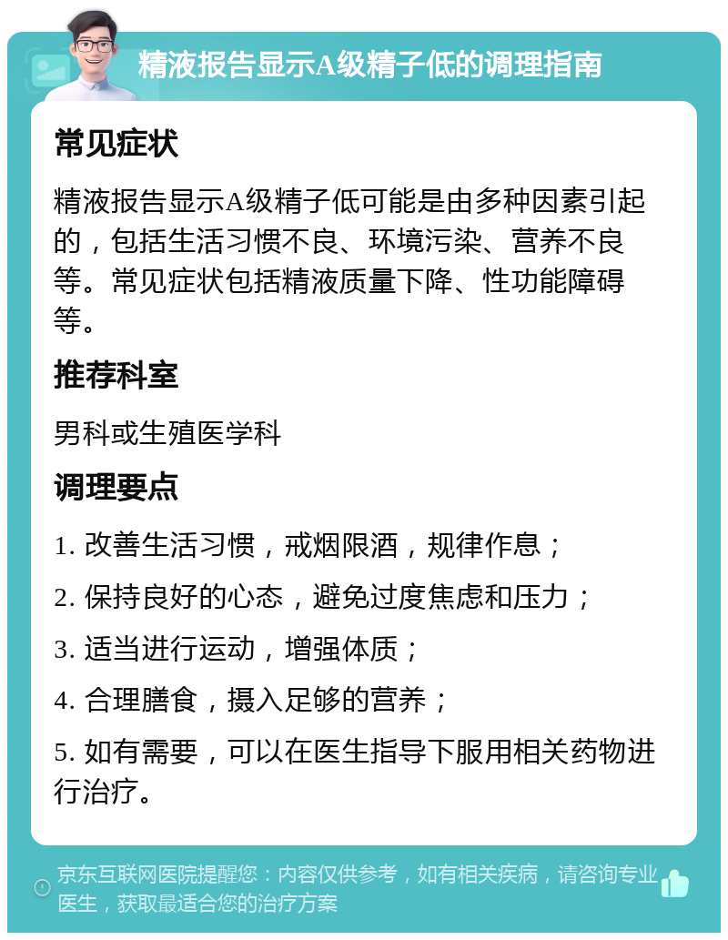 精液报告显示A级精子低的调理指南 常见症状 精液报告显示A级精子低可能是由多种因素引起的，包括生活习惯不良、环境污染、营养不良等。常见症状包括精液质量下降、性功能障碍等。 推荐科室 男科或生殖医学科 调理要点 1. 改善生活习惯，戒烟限酒，规律作息； 2. 保持良好的心态，避免过度焦虑和压力； 3. 适当进行运动，增强体质； 4. 合理膳食，摄入足够的营养； 5. 如有需要，可以在医生指导下服用相关药物进行治疗。