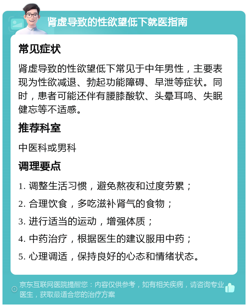 肾虚导致的性欲望低下就医指南 常见症状 肾虚导致的性欲望低下常见于中年男性，主要表现为性欲减退、勃起功能障碍、早泄等症状。同时，患者可能还伴有腰膝酸软、头晕耳鸣、失眠健忘等不适感。 推荐科室 中医科或男科 调理要点 1. 调整生活习惯，避免熬夜和过度劳累； 2. 合理饮食，多吃滋补肾气的食物； 3. 进行适当的运动，增强体质； 4. 中药治疗，根据医生的建议服用中药； 5. 心理调适，保持良好的心态和情绪状态。