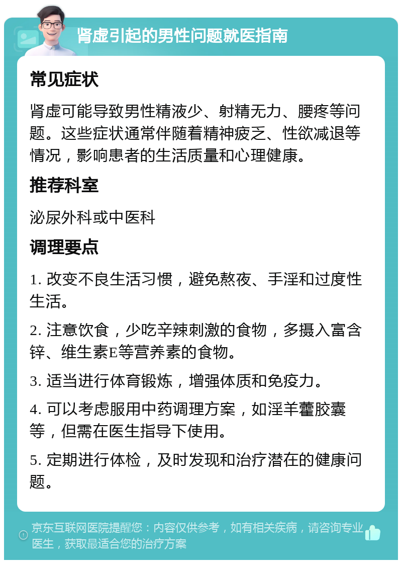 肾虚引起的男性问题就医指南 常见症状 肾虚可能导致男性精液少、射精无力、腰疼等问题。这些症状通常伴随着精神疲乏、性欲减退等情况，影响患者的生活质量和心理健康。 推荐科室 泌尿外科或中医科 调理要点 1. 改变不良生活习惯，避免熬夜、手淫和过度性生活。 2. 注意饮食，少吃辛辣刺激的食物，多摄入富含锌、维生素E等营养素的食物。 3. 适当进行体育锻炼，增强体质和免疫力。 4. 可以考虑服用中药调理方案，如淫羊藿胶囊等，但需在医生指导下使用。 5. 定期进行体检，及时发现和治疗潜在的健康问题。