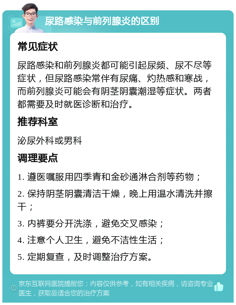 尿路感染与前列腺炎的区别 常见症状 尿路感染和前列腺炎都可能引起尿频、尿不尽等症状，但尿路感染常伴有尿痛、灼热感和寒战，而前列腺炎可能会有阴茎阴囊潮湿等症状。两者都需要及时就医诊断和治疗。 推荐科室 泌尿外科或男科 调理要点 1. 遵医嘱服用四季青和金砂通淋合剂等药物； 2. 保持阴茎阴囊清洁干燥，晚上用温水清洗并擦干； 3. 内裤要分开洗涤，避免交叉感染； 4. 注意个人卫生，避免不洁性生活； 5. 定期复查，及时调整治疗方案。