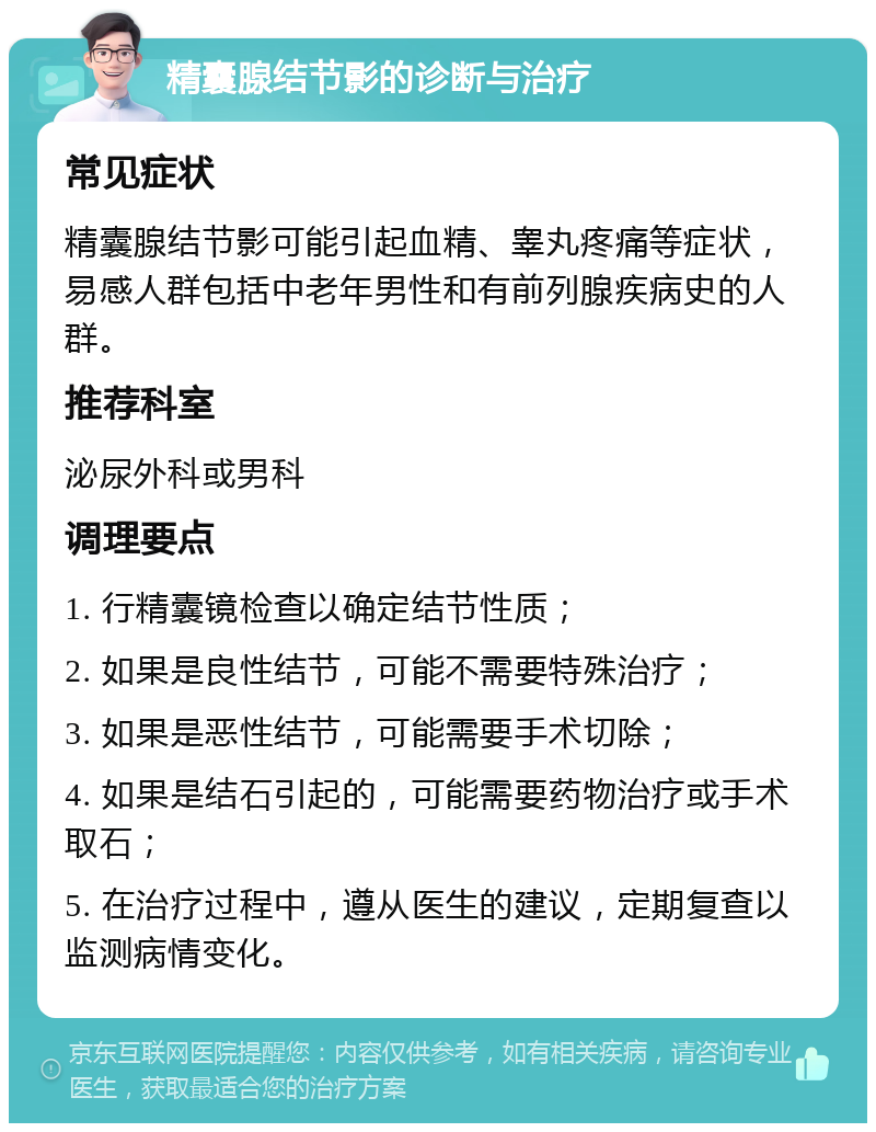 精囊腺结节影的诊断与治疗 常见症状 精囊腺结节影可能引起血精、睾丸疼痛等症状，易感人群包括中老年男性和有前列腺疾病史的人群。 推荐科室 泌尿外科或男科 调理要点 1. 行精囊镜检查以确定结节性质； 2. 如果是良性结节，可能不需要特殊治疗； 3. 如果是恶性结节，可能需要手术切除； 4. 如果是结石引起的，可能需要药物治疗或手术取石； 5. 在治疗过程中，遵从医生的建议，定期复查以监测病情变化。