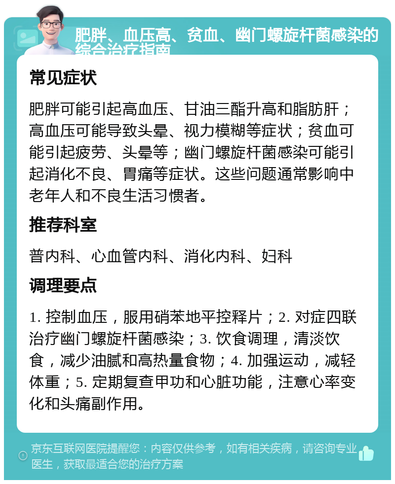 肥胖、血压高、贫血、幽门螺旋杆菌感染的综合治疗指南 常见症状 肥胖可能引起高血压、甘油三酯升高和脂肪肝；高血压可能导致头晕、视力模糊等症状；贫血可能引起疲劳、头晕等；幽门螺旋杆菌感染可能引起消化不良、胃痛等症状。这些问题通常影响中老年人和不良生活习惯者。 推荐科室 普内科、心血管内科、消化内科、妇科 调理要点 1. 控制血压，服用硝苯地平控释片；2. 对症四联治疗幽门螺旋杆菌感染；3. 饮食调理，清淡饮食，减少油腻和高热量食物；4. 加强运动，减轻体重；5. 定期复查甲功和心脏功能，注意心率变化和头痛副作用。