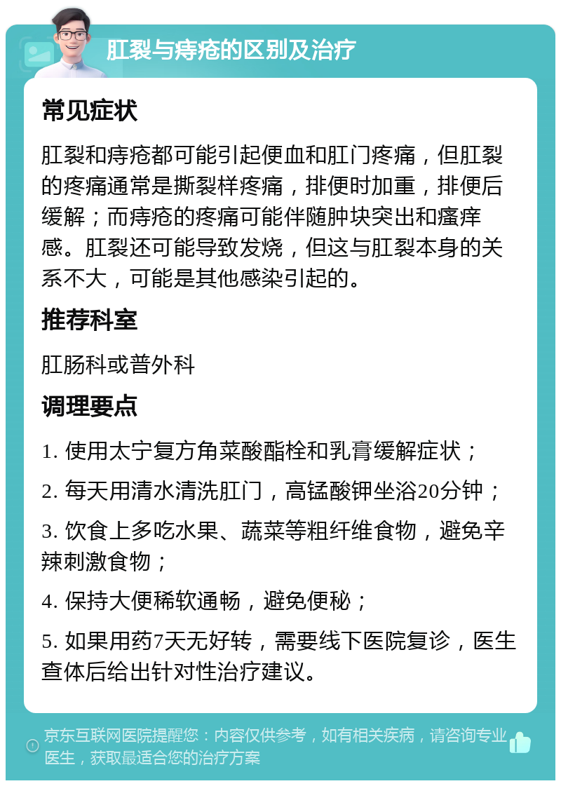 肛裂与痔疮的区别及治疗 常见症状 肛裂和痔疮都可能引起便血和肛门疼痛，但肛裂的疼痛通常是撕裂样疼痛，排便时加重，排便后缓解；而痔疮的疼痛可能伴随肿块突出和瘙痒感。肛裂还可能导致发烧，但这与肛裂本身的关系不大，可能是其他感染引起的。 推荐科室 肛肠科或普外科 调理要点 1. 使用太宁复方角菜酸酯栓和乳膏缓解症状； 2. 每天用清水清洗肛门，高锰酸钾坐浴20分钟； 3. 饮食上多吃水果、蔬菜等粗纤维食物，避免辛辣刺激食物； 4. 保持大便稀软通畅，避免便秘； 5. 如果用药7天无好转，需要线下医院复诊，医生查体后给出针对性治疗建议。