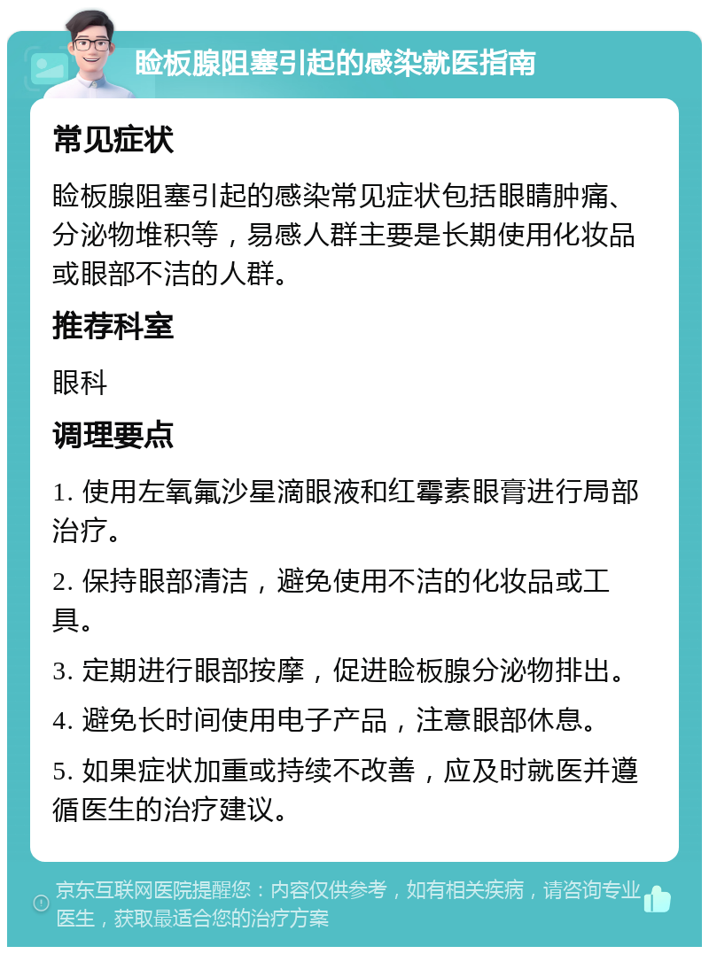 睑板腺阻塞引起的感染就医指南 常见症状 睑板腺阻塞引起的感染常见症状包括眼睛肿痛、分泌物堆积等，易感人群主要是长期使用化妆品或眼部不洁的人群。 推荐科室 眼科 调理要点 1. 使用左氧氟沙星滴眼液和红霉素眼膏进行局部治疗。 2. 保持眼部清洁，避免使用不洁的化妆品或工具。 3. 定期进行眼部按摩，促进睑板腺分泌物排出。 4. 避免长时间使用电子产品，注意眼部休息。 5. 如果症状加重或持续不改善，应及时就医并遵循医生的治疗建议。