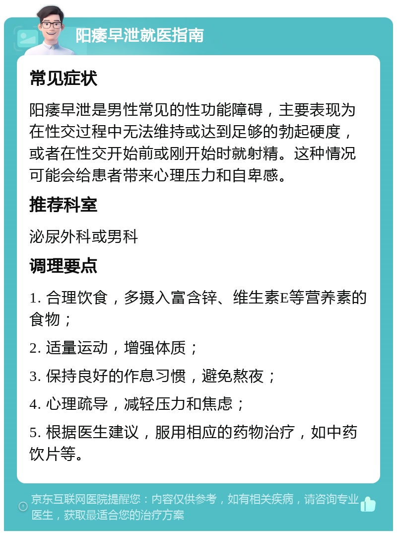 阳痿早泄就医指南 常见症状 阳痿早泄是男性常见的性功能障碍，主要表现为在性交过程中无法维持或达到足够的勃起硬度，或者在性交开始前或刚开始时就射精。这种情况可能会给患者带来心理压力和自卑感。 推荐科室 泌尿外科或男科 调理要点 1. 合理饮食，多摄入富含锌、维生素E等营养素的食物； 2. 适量运动，增强体质； 3. 保持良好的作息习惯，避免熬夜； 4. 心理疏导，减轻压力和焦虑； 5. 根据医生建议，服用相应的药物治疗，如中药饮片等。