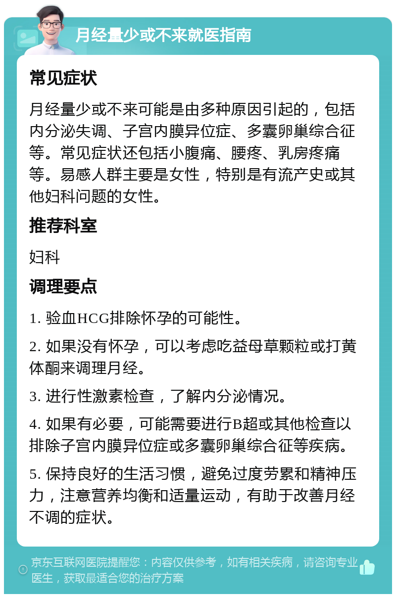 月经量少或不来就医指南 常见症状 月经量少或不来可能是由多种原因引起的，包括内分泌失调、子宫内膜异位症、多囊卵巢综合征等。常见症状还包括小腹痛、腰疼、乳房疼痛等。易感人群主要是女性，特别是有流产史或其他妇科问题的女性。 推荐科室 妇科 调理要点 1. 验血HCG排除怀孕的可能性。 2. 如果没有怀孕，可以考虑吃益母草颗粒或打黄体酮来调理月经。 3. 进行性激素检查，了解内分泌情况。 4. 如果有必要，可能需要进行B超或其他检查以排除子宫内膜异位症或多囊卵巢综合征等疾病。 5. 保持良好的生活习惯，避免过度劳累和精神压力，注意营养均衡和适量运动，有助于改善月经不调的症状。