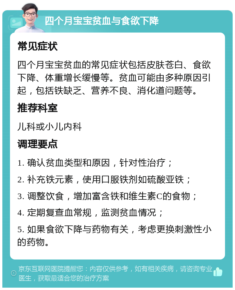 四个月宝宝贫血与食欲下降 常见症状 四个月宝宝贫血的常见症状包括皮肤苍白、食欲下降、体重增长缓慢等。贫血可能由多种原因引起，包括铁缺乏、营养不良、消化道问题等。 推荐科室 儿科或小儿内科 调理要点 1. 确认贫血类型和原因，针对性治疗； 2. 补充铁元素，使用口服铁剂如硫酸亚铁； 3. 调整饮食，增加富含铁和维生素C的食物； 4. 定期复查血常规，监测贫血情况； 5. 如果食欲下降与药物有关，考虑更换刺激性小的药物。