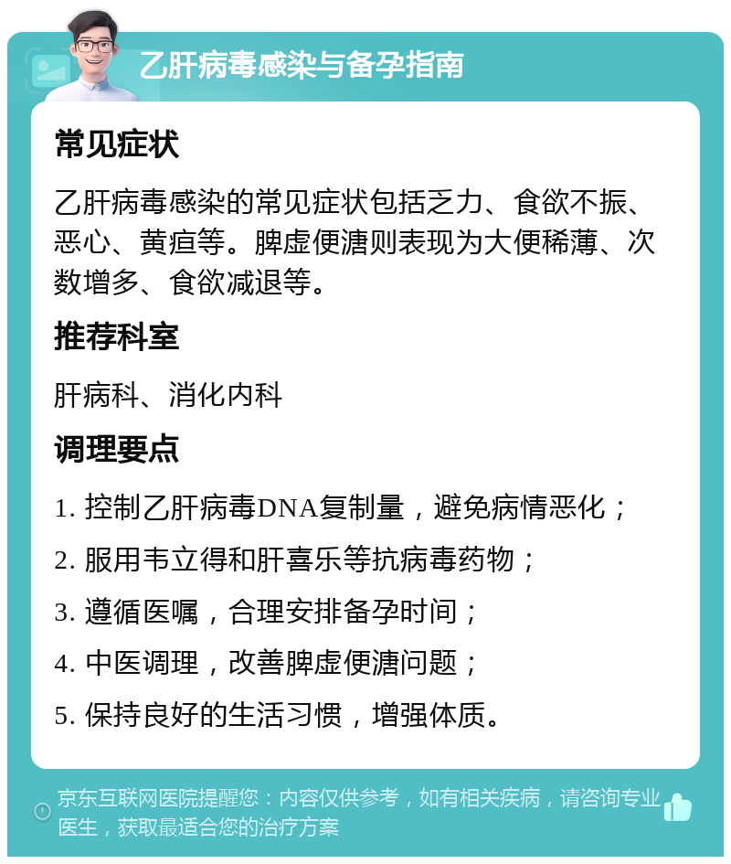 乙肝病毒感染与备孕指南 常见症状 乙肝病毒感染的常见症状包括乏力、食欲不振、恶心、黄疸等。脾虚便溏则表现为大便稀薄、次数增多、食欲减退等。 推荐科室 肝病科、消化内科 调理要点 1. 控制乙肝病毒DNA复制量，避免病情恶化； 2. 服用韦立得和肝喜乐等抗病毒药物； 3. 遵循医嘱，合理安排备孕时间； 4. 中医调理，改善脾虚便溏问题； 5. 保持良好的生活习惯，增强体质。