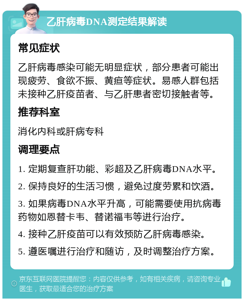 乙肝病毒DNA测定结果解读 常见症状 乙肝病毒感染可能无明显症状，部分患者可能出现疲劳、食欲不振、黄疸等症状。易感人群包括未接种乙肝疫苗者、与乙肝患者密切接触者等。 推荐科室 消化内科或肝病专科 调理要点 1. 定期复查肝功能、彩超及乙肝病毒DNA水平。 2. 保持良好的生活习惯，避免过度劳累和饮酒。 3. 如果病毒DNA水平升高，可能需要使用抗病毒药物如恩替卡韦、替诺福韦等进行治疗。 4. 接种乙肝疫苗可以有效预防乙肝病毒感染。 5. 遵医嘱进行治疗和随访，及时调整治疗方案。