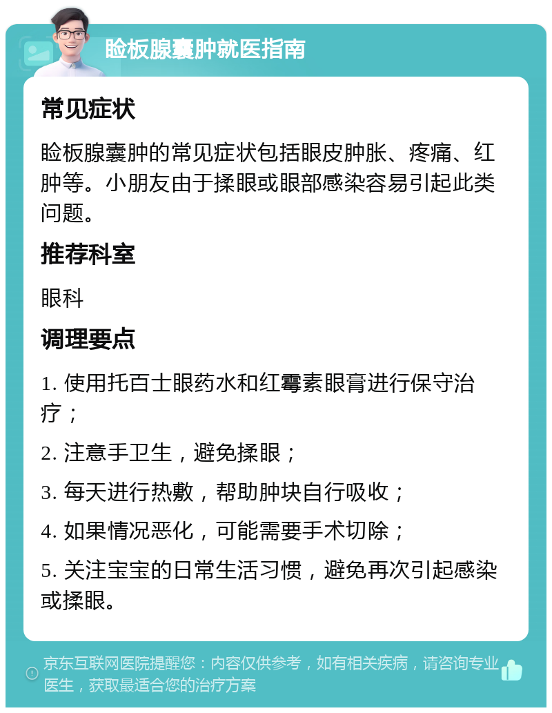 睑板腺囊肿就医指南 常见症状 睑板腺囊肿的常见症状包括眼皮肿胀、疼痛、红肿等。小朋友由于揉眼或眼部感染容易引起此类问题。 推荐科室 眼科 调理要点 1. 使用托百士眼药水和红霉素眼膏进行保守治疗； 2. 注意手卫生，避免揉眼； 3. 每天进行热敷，帮助肿块自行吸收； 4. 如果情况恶化，可能需要手术切除； 5. 关注宝宝的日常生活习惯，避免再次引起感染或揉眼。