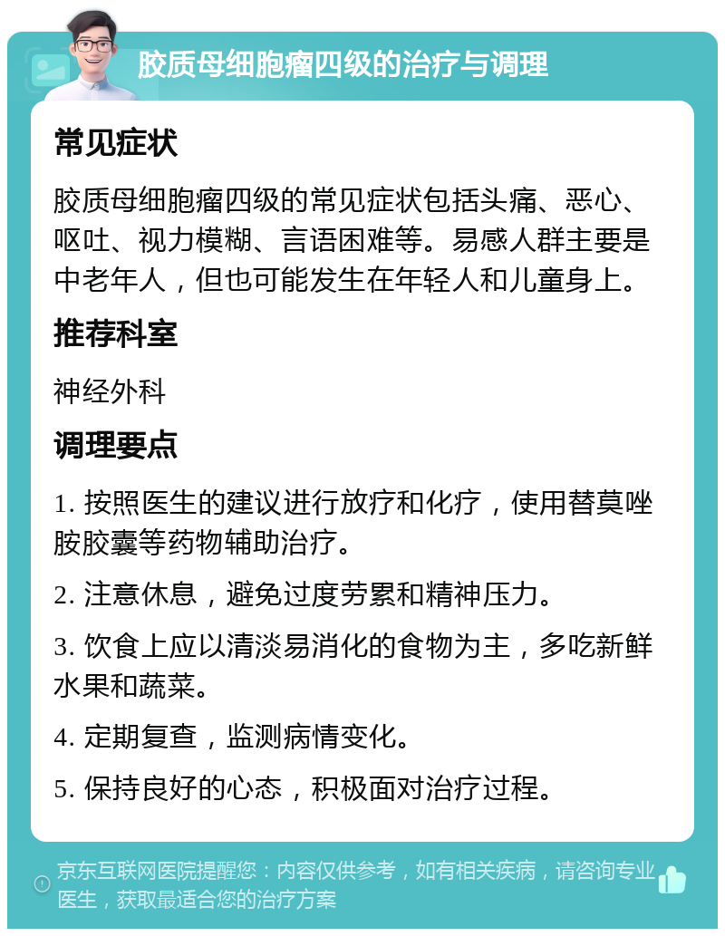 胶质母细胞瘤四级的治疗与调理 常见症状 胶质母细胞瘤四级的常见症状包括头痛、恶心、呕吐、视力模糊、言语困难等。易感人群主要是中老年人，但也可能发生在年轻人和儿童身上。 推荐科室 神经外科 调理要点 1. 按照医生的建议进行放疗和化疗，使用替莫唑胺胶囊等药物辅助治疗。 2. 注意休息，避免过度劳累和精神压力。 3. 饮食上应以清淡易消化的食物为主，多吃新鲜水果和蔬菜。 4. 定期复查，监测病情变化。 5. 保持良好的心态，积极面对治疗过程。