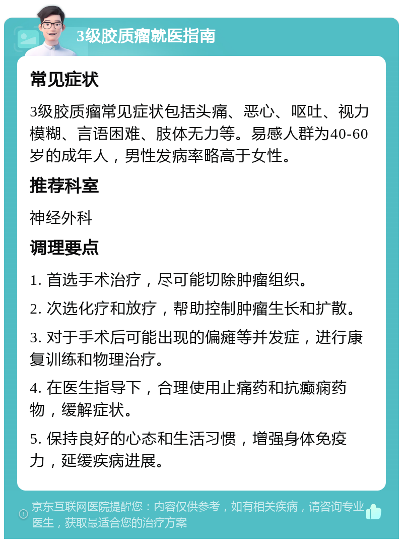 3级胶质瘤就医指南 常见症状 3级胶质瘤常见症状包括头痛、恶心、呕吐、视力模糊、言语困难、肢体无力等。易感人群为40-60岁的成年人，男性发病率略高于女性。 推荐科室 神经外科 调理要点 1. 首选手术治疗，尽可能切除肿瘤组织。 2. 次选化疗和放疗，帮助控制肿瘤生长和扩散。 3. 对于手术后可能出现的偏瘫等并发症，进行康复训练和物理治疗。 4. 在医生指导下，合理使用止痛药和抗癫痫药物，缓解症状。 5. 保持良好的心态和生活习惯，增强身体免疫力，延缓疾病进展。