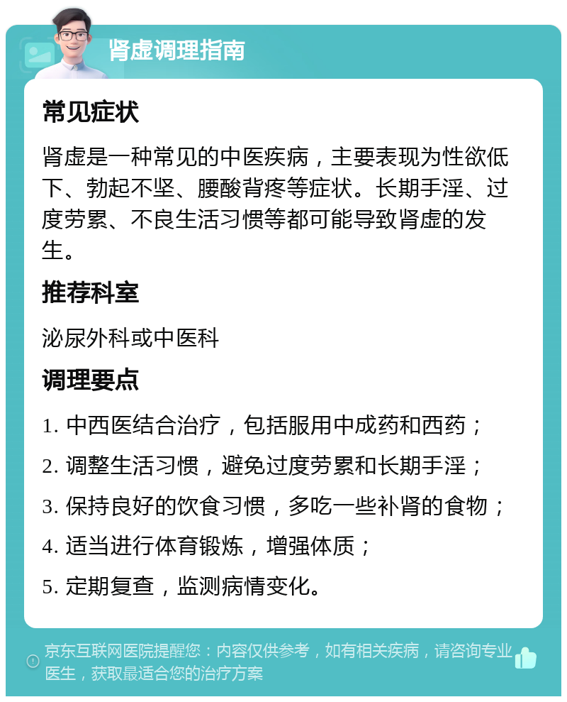 肾虚调理指南 常见症状 肾虚是一种常见的中医疾病，主要表现为性欲低下、勃起不坚、腰酸背疼等症状。长期手淫、过度劳累、不良生活习惯等都可能导致肾虚的发生。 推荐科室 泌尿外科或中医科 调理要点 1. 中西医结合治疗，包括服用中成药和西药； 2. 调整生活习惯，避免过度劳累和长期手淫； 3. 保持良好的饮食习惯，多吃一些补肾的食物； 4. 适当进行体育锻炼，增强体质； 5. 定期复查，监测病情变化。