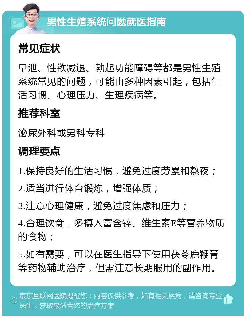 男性生殖系统问题就医指南 常见症状 早泄、性欲减退、勃起功能障碍等都是男性生殖系统常见的问题，可能由多种因素引起，包括生活习惯、心理压力、生理疾病等。 推荐科室 泌尿外科或男科专科 调理要点 1.保持良好的生活习惯，避免过度劳累和熬夜； 2.适当进行体育锻炼，增强体质； 3.注意心理健康，避免过度焦虑和压力； 4.合理饮食，多摄入富含锌、维生素E等营养物质的食物； 5.如有需要，可以在医生指导下使用茯苓鹿鞭膏等药物辅助治疗，但需注意长期服用的副作用。